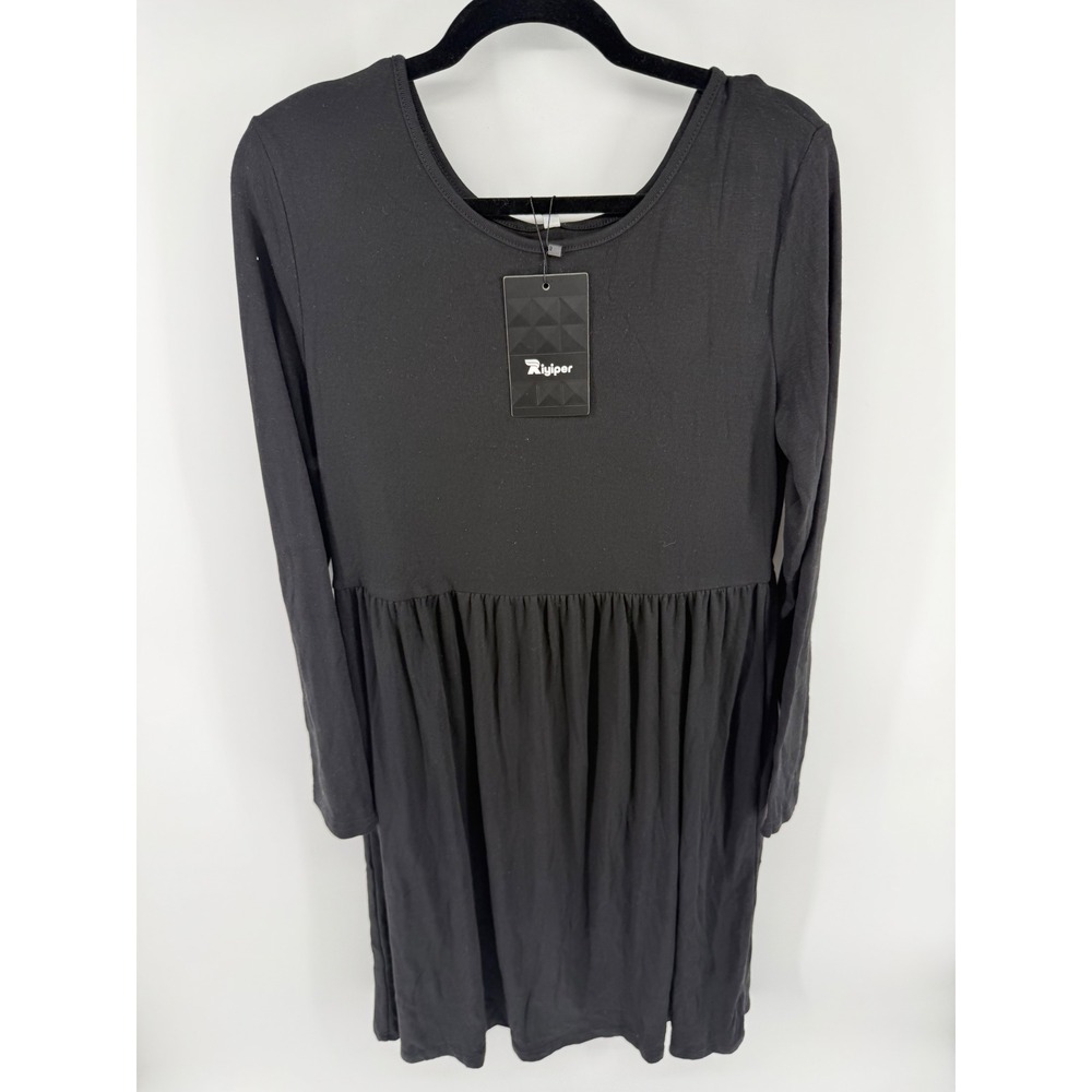 Riyiper Babydoll Dress Womens L Black Rayon Blend Long Sleeve Minimalist Chic